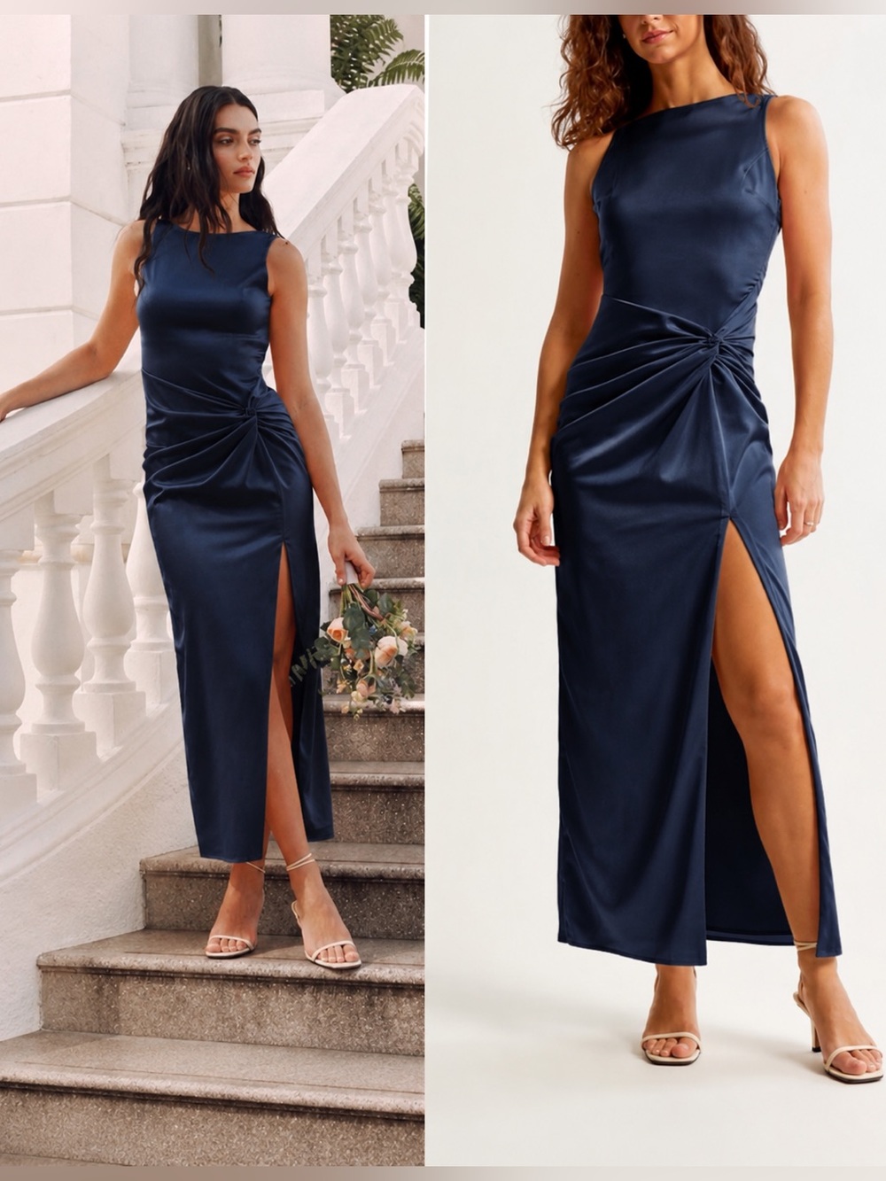 Abercrombie & Fitch Split Knot Draped Skirt Maxi Satin Dress in Navy M NWOT